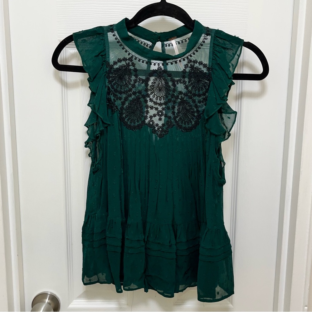 Free People Teal and Black Lace Blouse